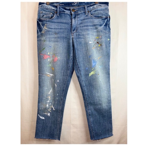 LOFT Denim - Ann‎ Taylor Loft Relaxed Skinny Paint Splatter Raw Hem Jeans 28/6 cottage, boho